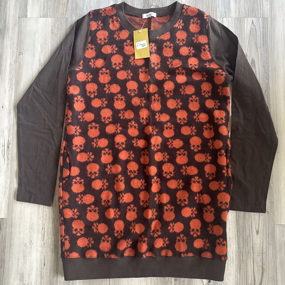 NWT Korean Designer Brown Orange Halloween Skull 90% Wool Sweater Dress Medium